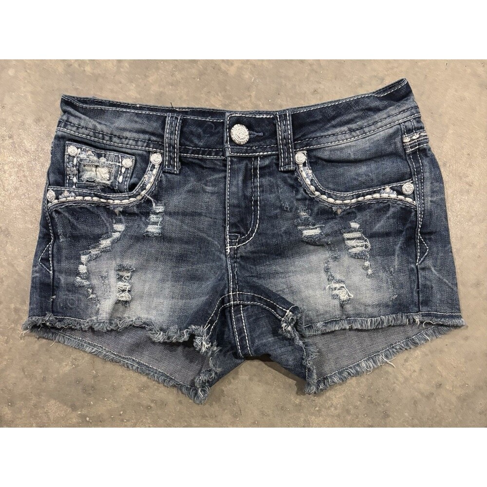 Grace in LA Womens Cut Off Blue Stretch Denim Jean Shorts Distressed Size 26